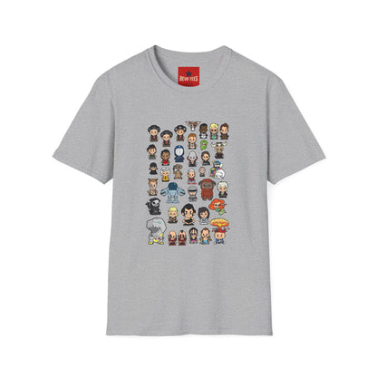 Cute Chibi Characters Crewneck T‑Shirt — Cartoon Character Grid Tee
