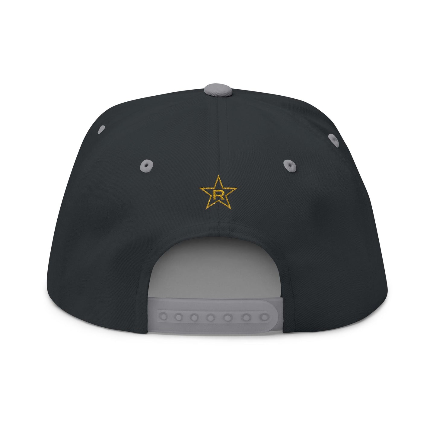 REVOTEES Embroidered Flat Bill Cap – BLACK_GOLD_WHITE Text with rear Gold Star