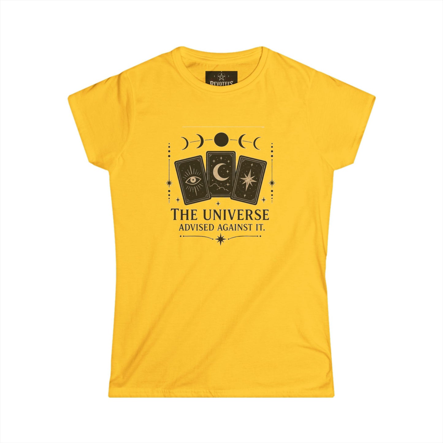 Women's Tee — 'The Universe Advised Against It' Tarot Moon Phase Graphic