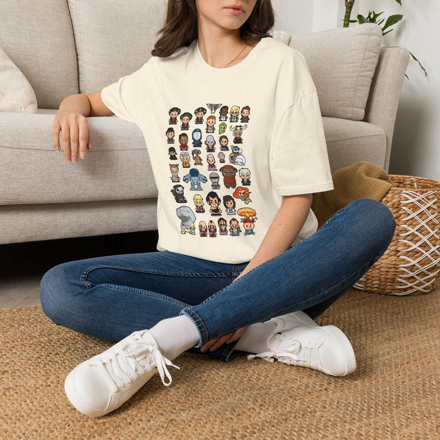 Cute Chibi Characters Crewneck T‑Shirt — Cartoon Character Grid Tee