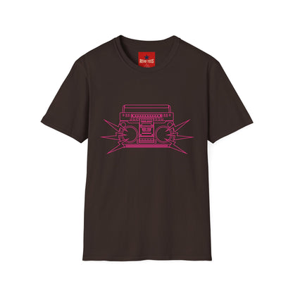 Retro Boombox Tee — Pink Line Art Vintage Radio Graphic T-Shirt