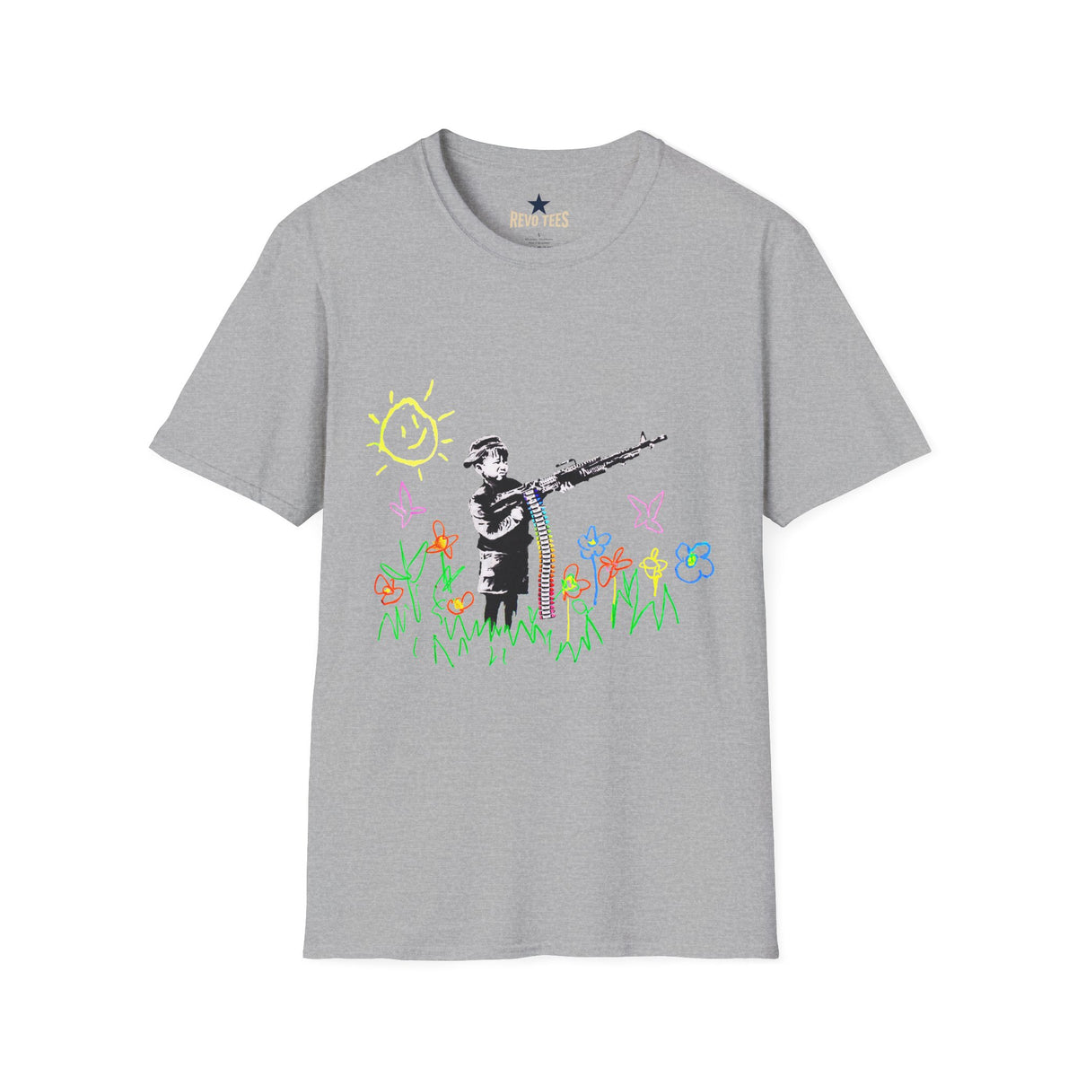 Revotees Banksy Style Soldier with Childlike Doodle Flowers T-Shirt - alternate view 3