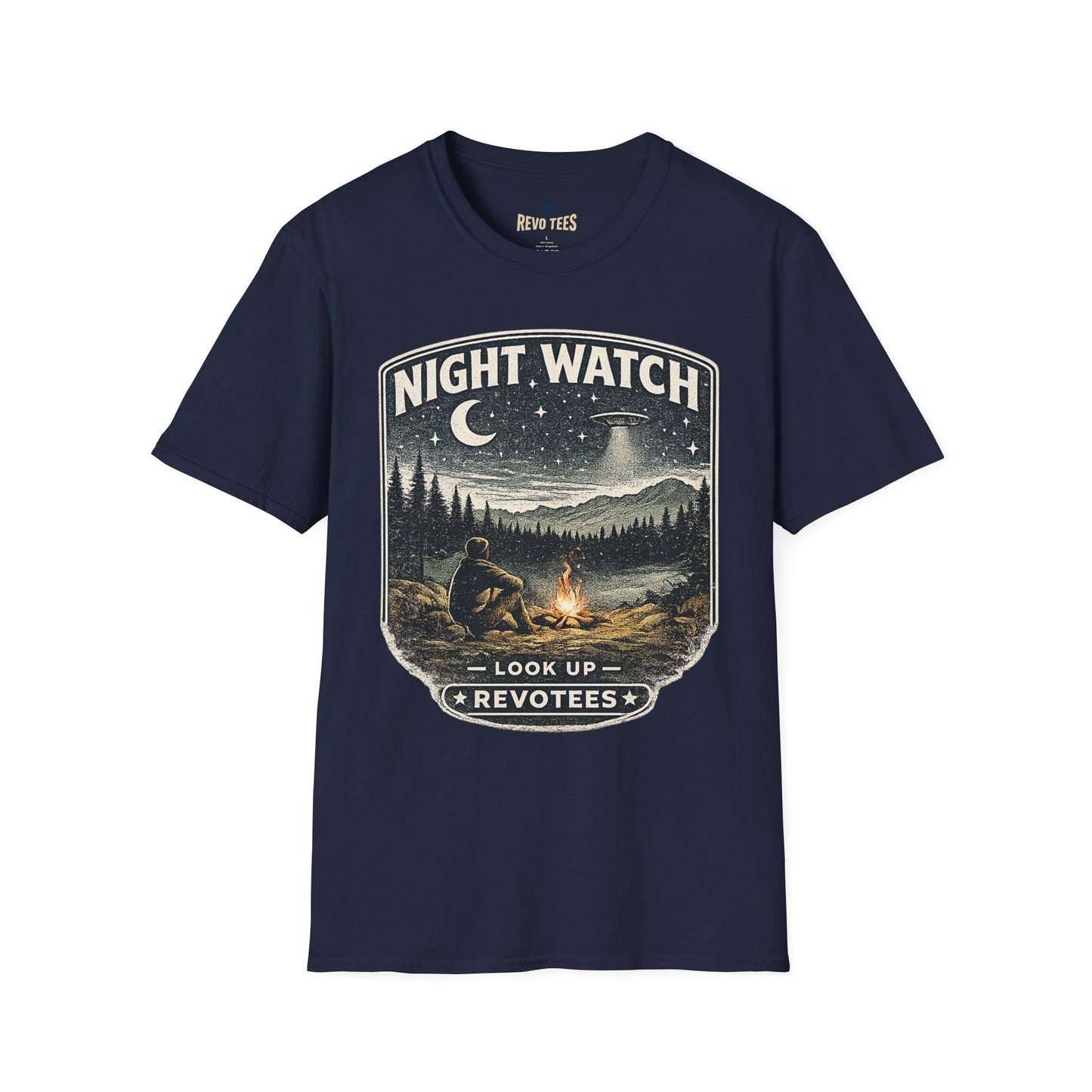 REVOTEES Night Watch T-Shirt — Vintage UFO Camping Graphic Tee ("Look Up")