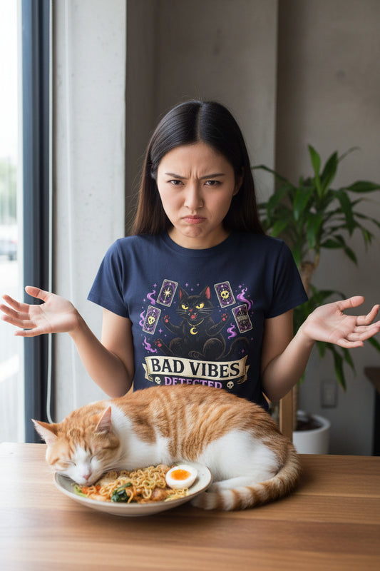 REVOTEES Bad Vibes Detected Cat Tarot Tee — Women's Witchy Graphic T-Shirt