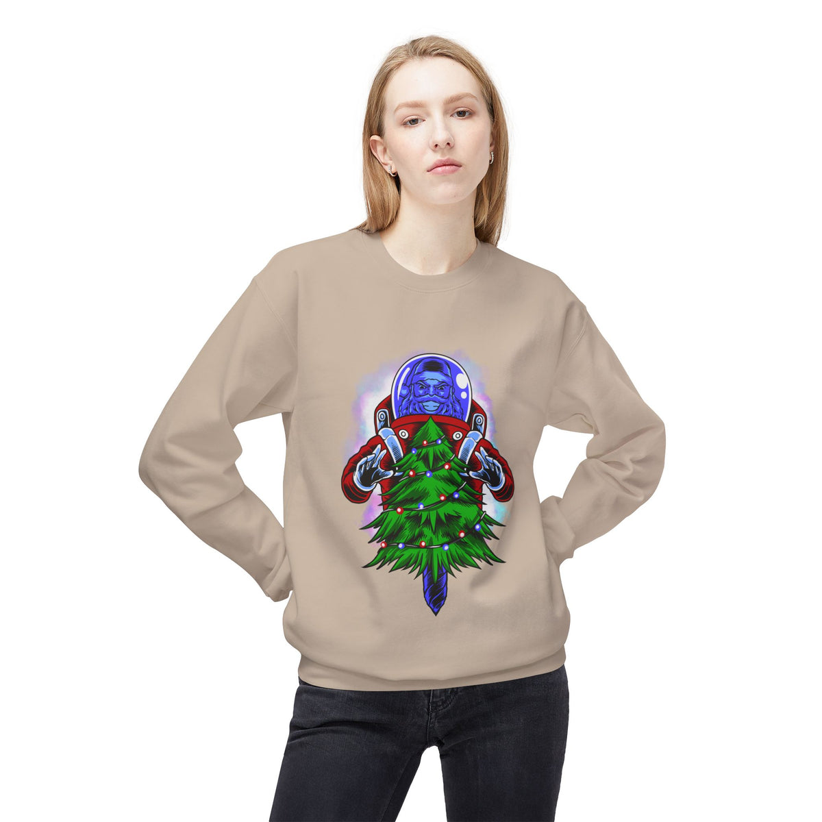 Astronaut Santa Pouncing on a Christmas Tree Crewneck Sweatshirt