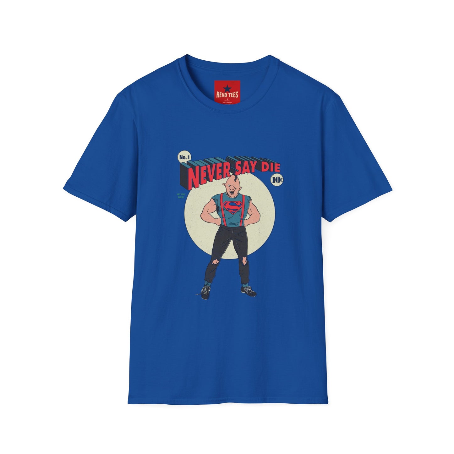 Never Say Die T‑Shirt — Vintage Superhero Graphic Tee