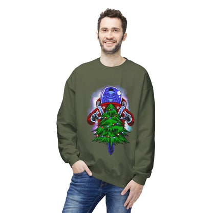 Astronaut Santa Pouncing on a Christmas Tree Crewneck Sweatshirt