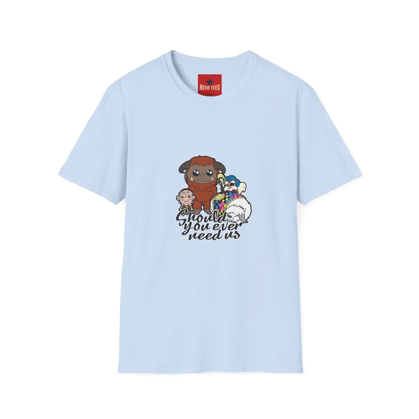 Cute Plush Creature T-Shirt — “Shoulder You Ever Need Us” Cartoon Group Tee