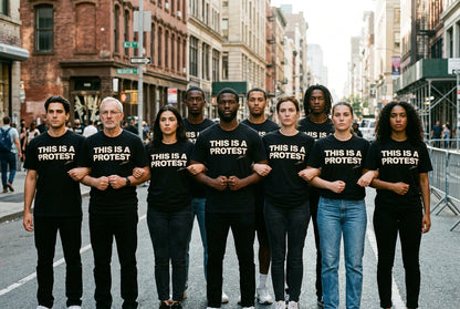 A black short-sleeve t-shirt with the phrase 'THIS IS A PROTEST' printed in bold white capital letters across the chest, with a small white script signature underneath. The inner neck label shows the brand 'Revolt Tees'.