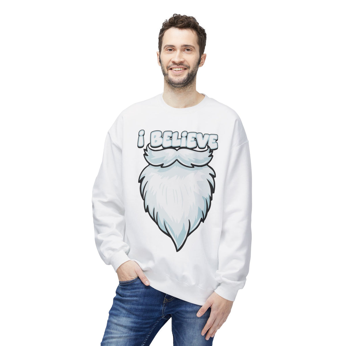 "I Believe" Santa Beard Holiday Crewneck Sweatshirt