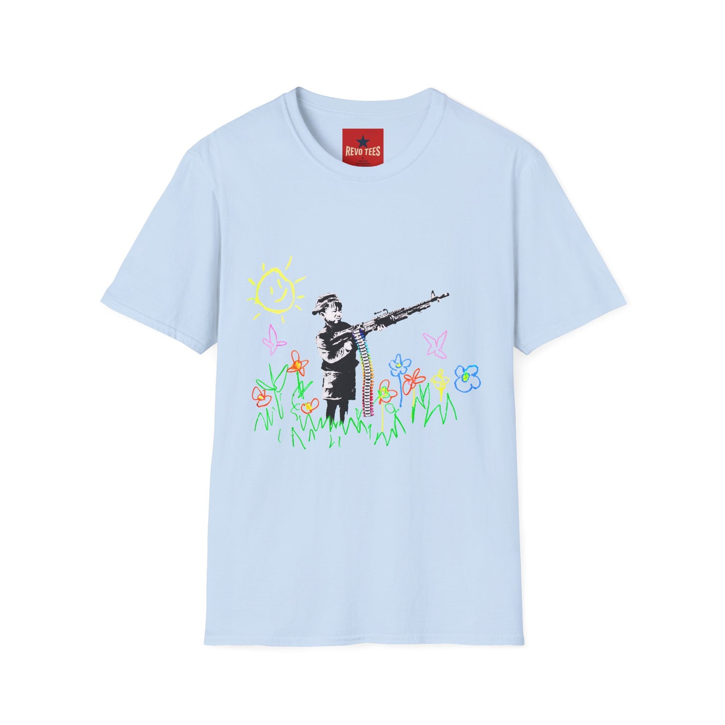 T-Shirt — Banksy Style Soldier with Childlike Doodle Flowers