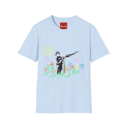 T-Shirt — Banksy Style Soldier with Childlike Doodle Flowers