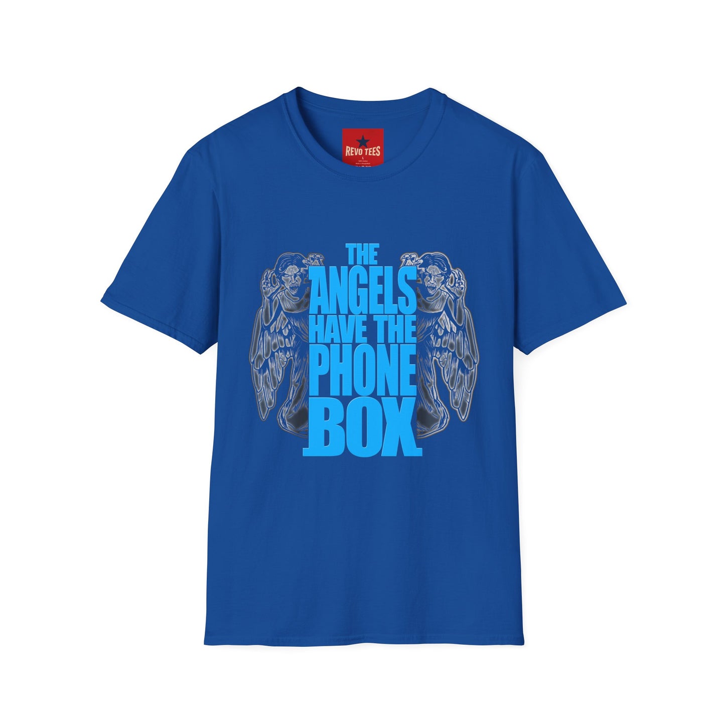 Angels Have the Phone Box T-Shirt — Retro Blue Gothic Angel Tee