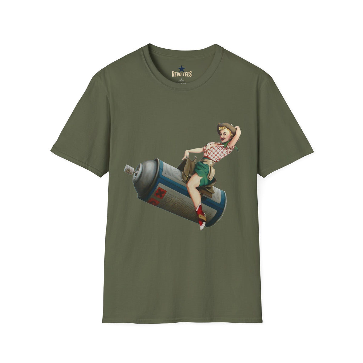 Revotees Banksy Pin Up Cowgirl Retro Pinup Girl Riding Soda Can Vintage T-Shirt - alternate view 6