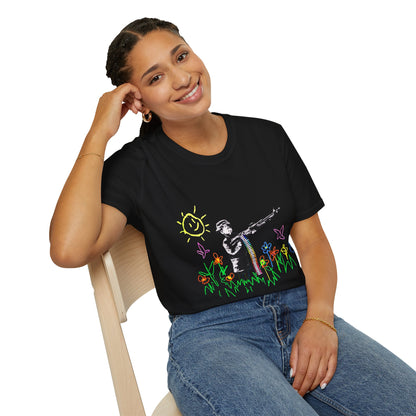 T-Shirt — Banksy Style Soldier with Childlike Doodle Flowers