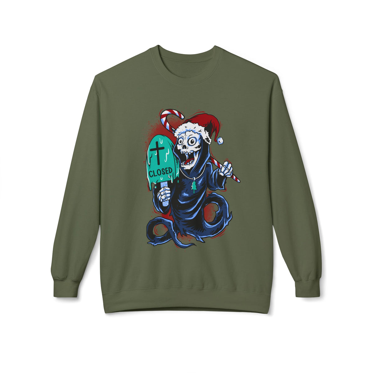 Christmas Reaper — 'Closed' Tombstone Holiday Horror Design Crewneck Sweatshirt