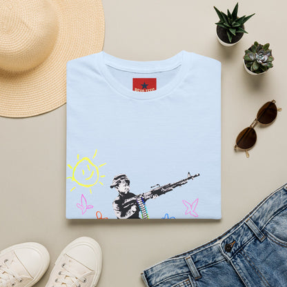 T-Shirt — Banksy Style Soldier with Childlike Doodle Flowers