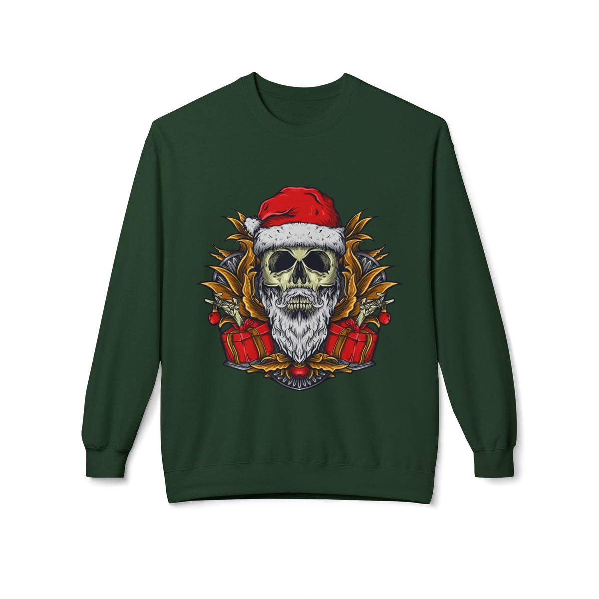 Skull Santa — Edgy Christmas Skull with Santa Hat and Gifts Crewneck Sweatshirt