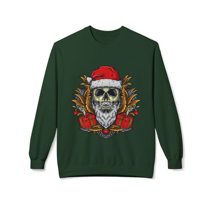 Skull Santa — Edgy Christmas Skull with Santa Hat and Gifts Crewneck Sweatshirt