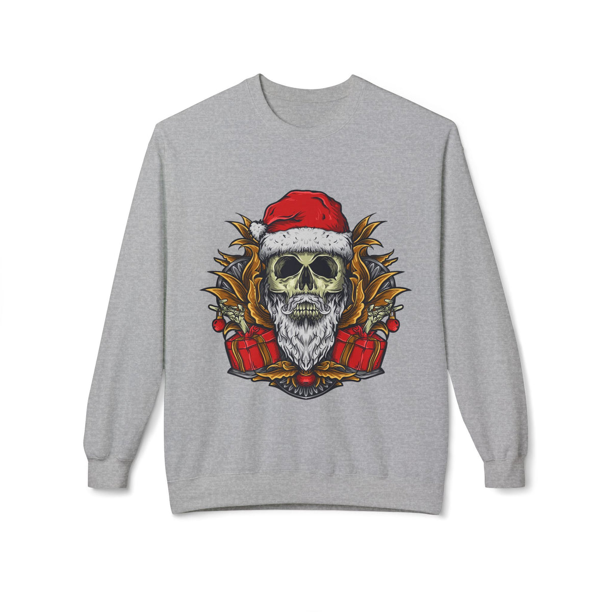 Skull Santa — Edgy Christmas Skull with Santa Hat and Gifts Crewneck Sweatshirt