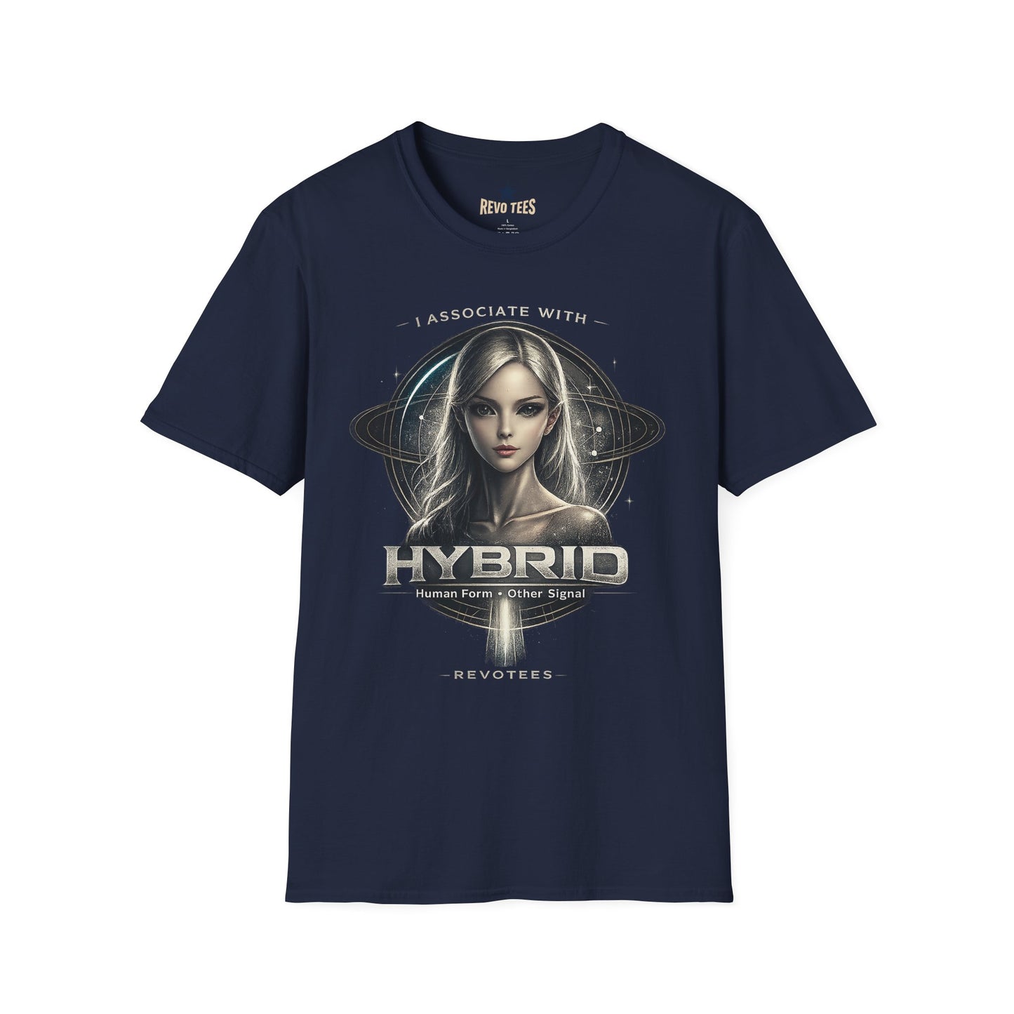 REVOTEES Hybrid Alien Graphic Tee — "I Associate With" Sci‑Fi Cosmic Portrait Shirt