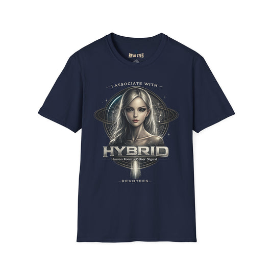 REVOTEES Hybrid Alien Graphic Tee — "I Associate With" Sci‑Fi Cosmic Portrait Shirt