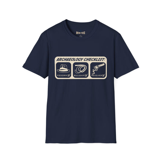Revotees Archaeology Checklist Fedora Bullwhip Revolver Graphic T-Shirt