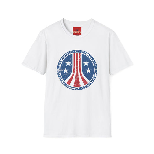 Colonial Navy Vintage Seal T‑Shirt — Patriotic Stars & Stripes Graphic