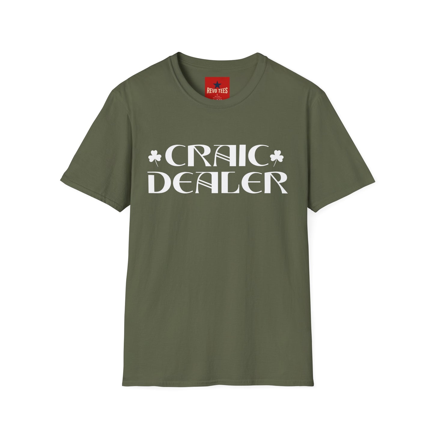 Craic Dealer T-Shirt — Irish Pub Humor Tee with Shamrock Design