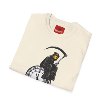 Banksy T‑Shirt — Grim Reaper Clock Graphic Tee (Smiley Mask)