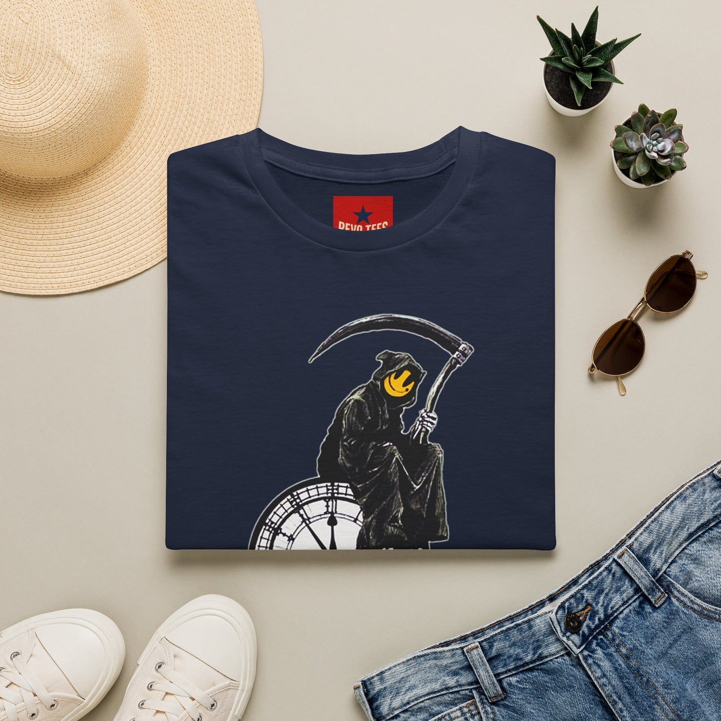 Banksy T‑Shirt — Grim Reaper Clock Graphic Tee (Smiley Mask)