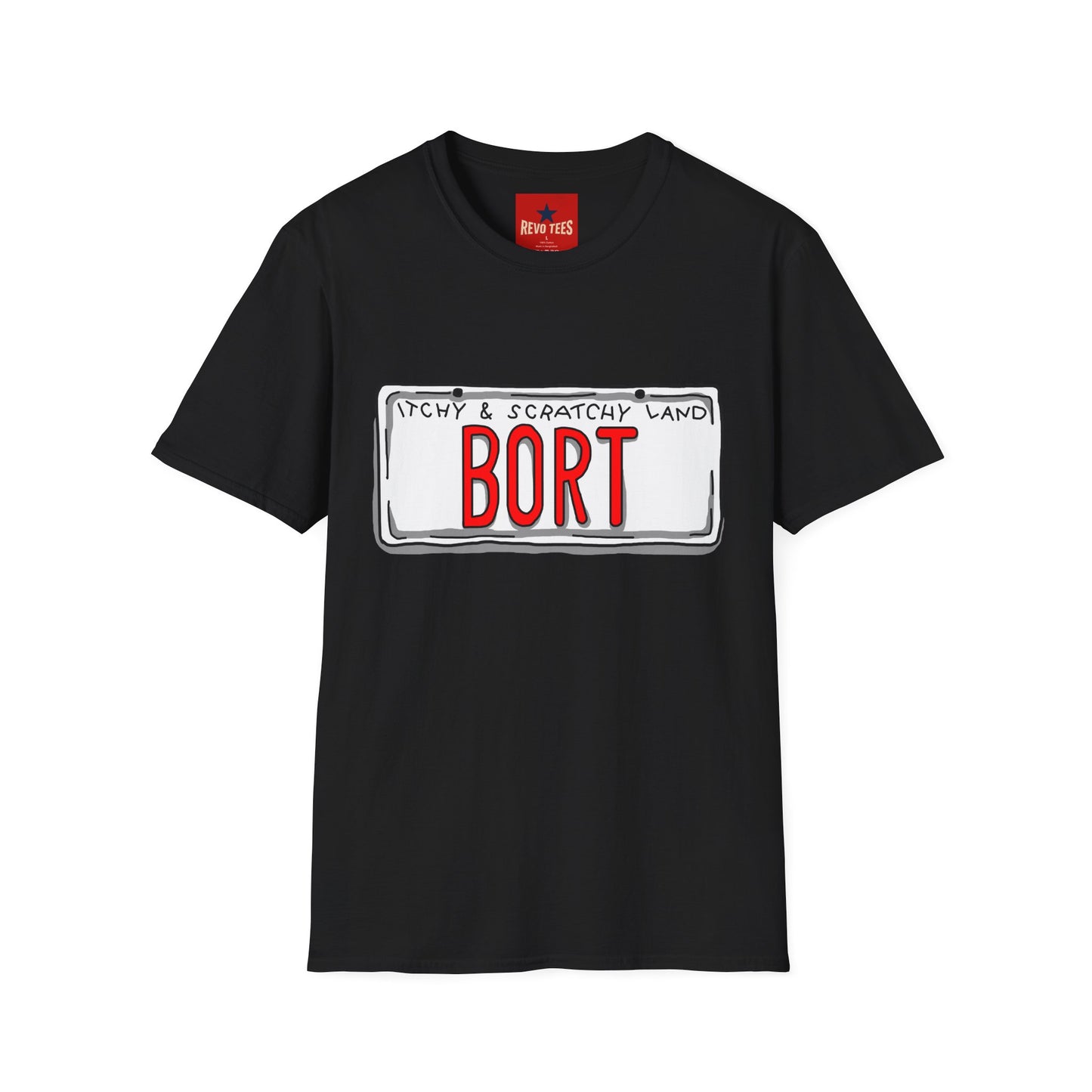 BORT License Plate T‑Shirt — 'Itchy & Scratchy Land' Retro TV Fan Tee