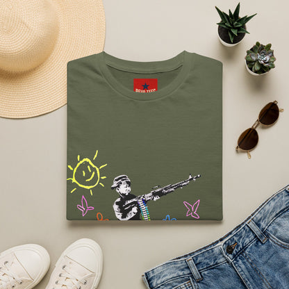 T-Shirt — Banksy Style Soldier with Childlike Doodle Flowers