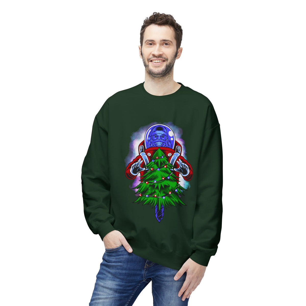 Astronaut Santa Pouncing on a Christmas Tree Crewneck Sweatshirt