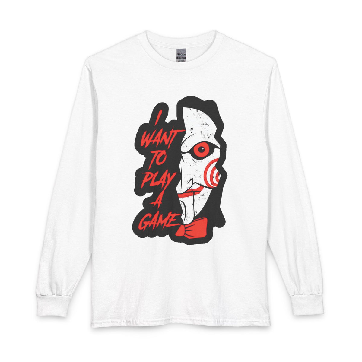 SAW - Horror Movie Long Sleeve Tee — "I Want to Play a Game" Jigsaw Puppet Graphic