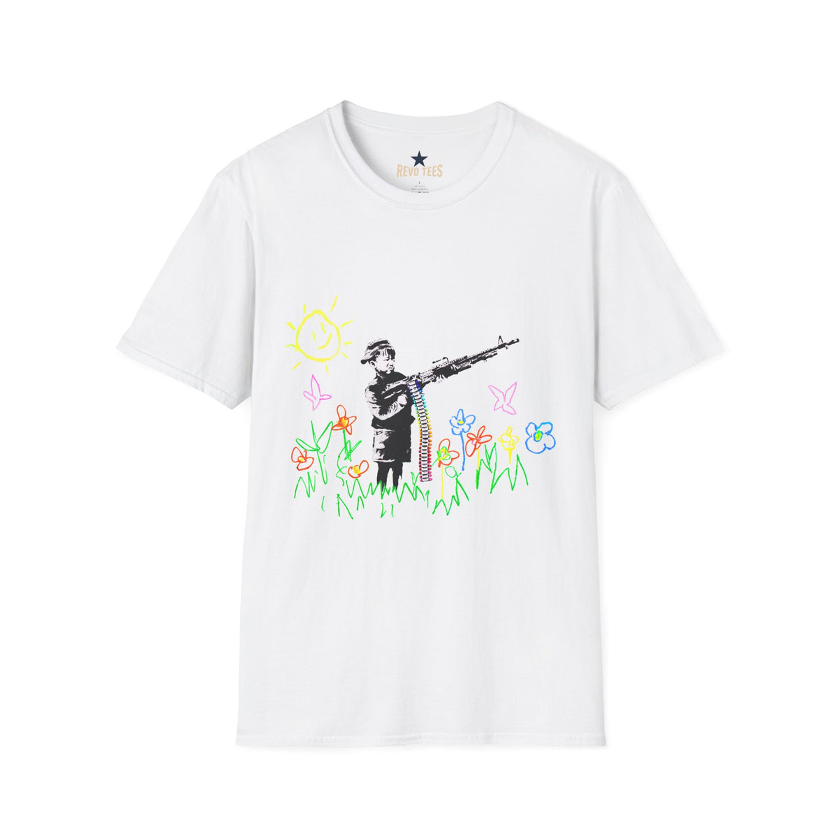 Revotees Banksy Style Soldier with Childlike Doodle Flowers T-Shirt
