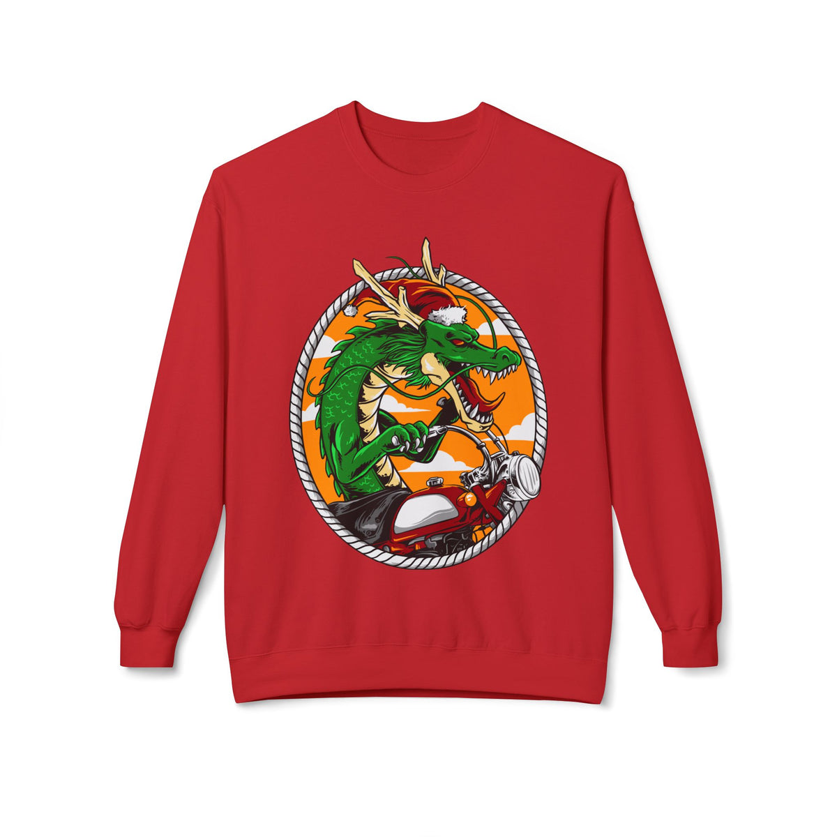 Dragon Santa Riding — Retro Green Dragon Surfing Crewneck Sweatshirt