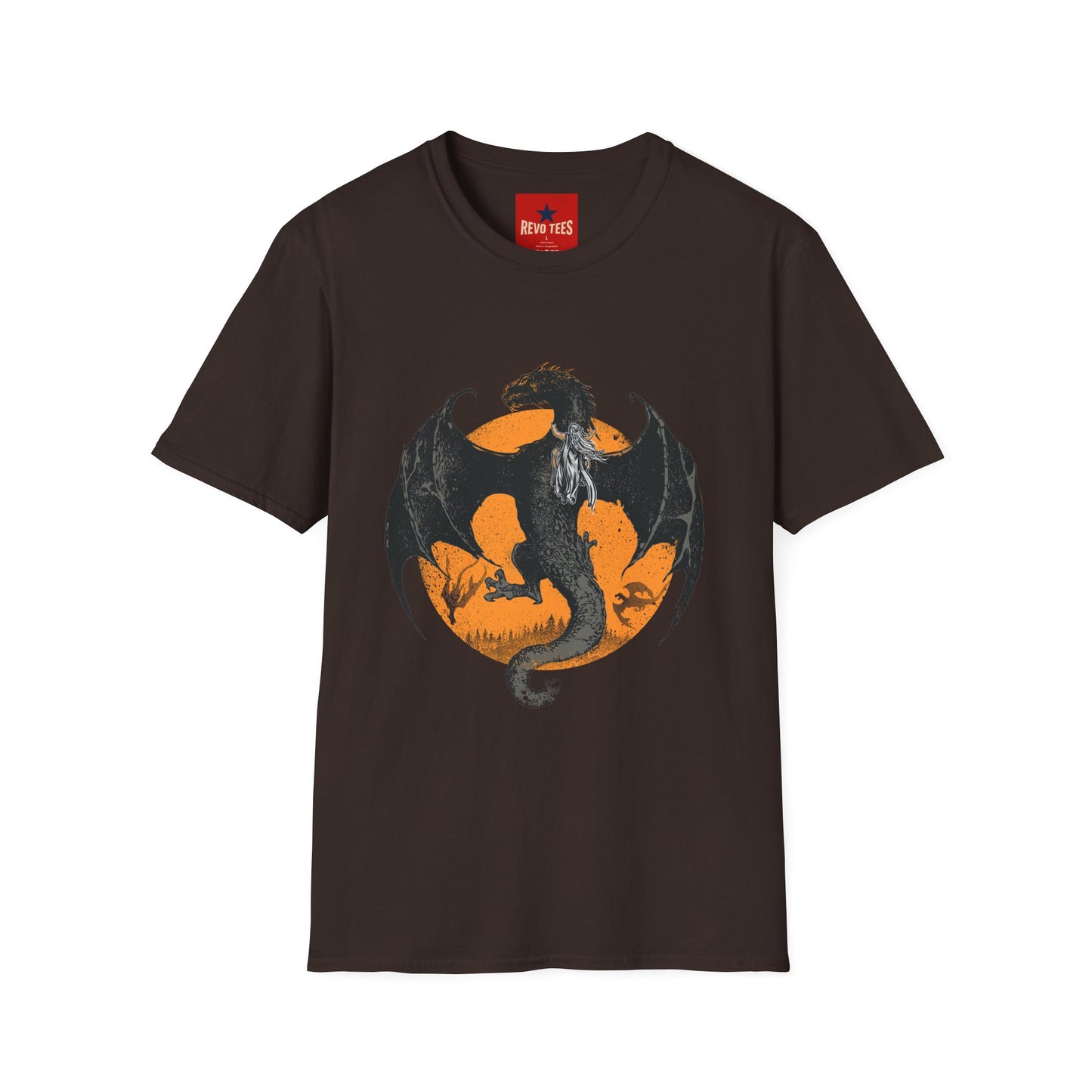 Dragon Moon T-Shirt — Black Dragon Silhouette with Orange Moon