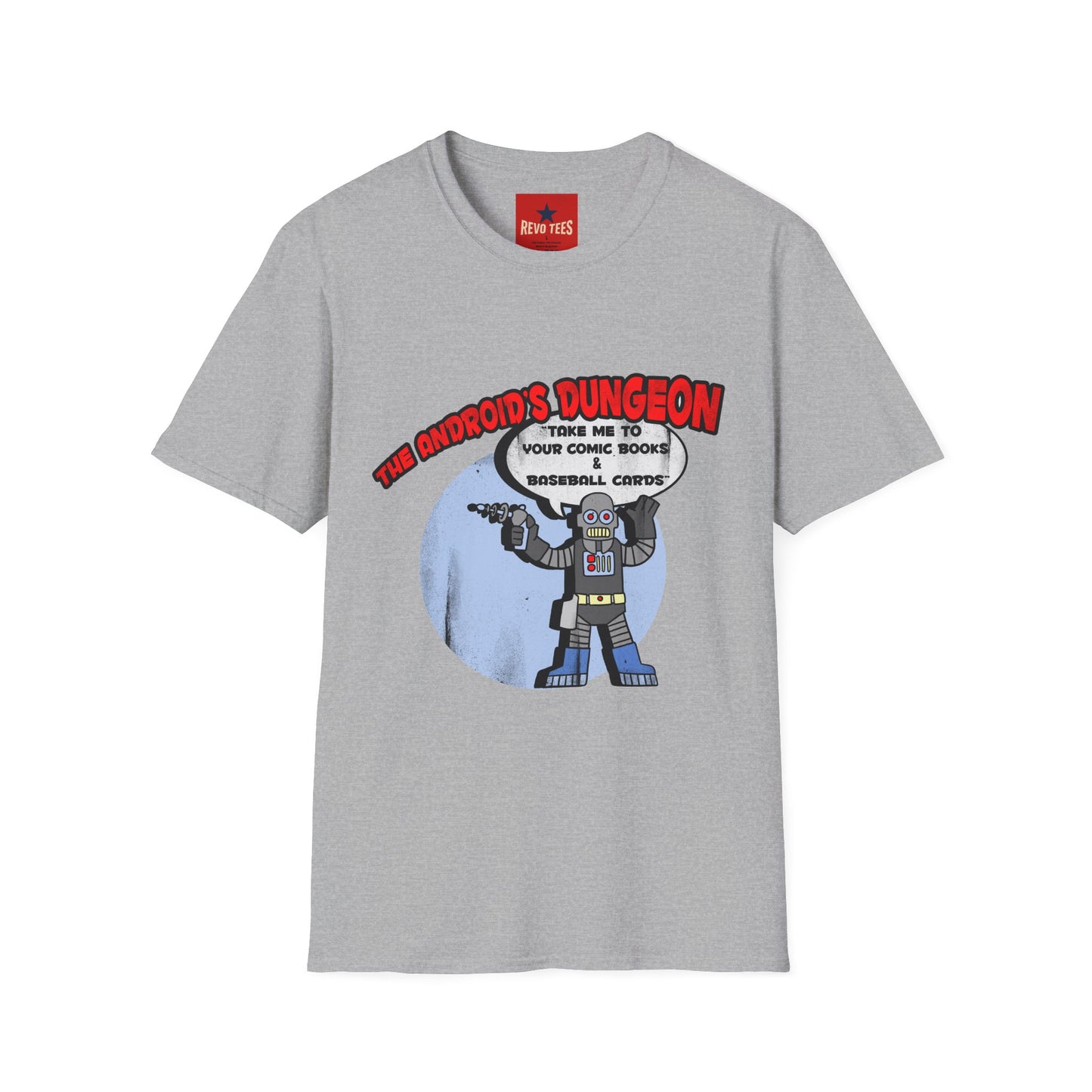 The Android's Dungeon T‑Shirt — 'Take Me to Your Comic Books & Baseball Cards' Retro Robot Tee