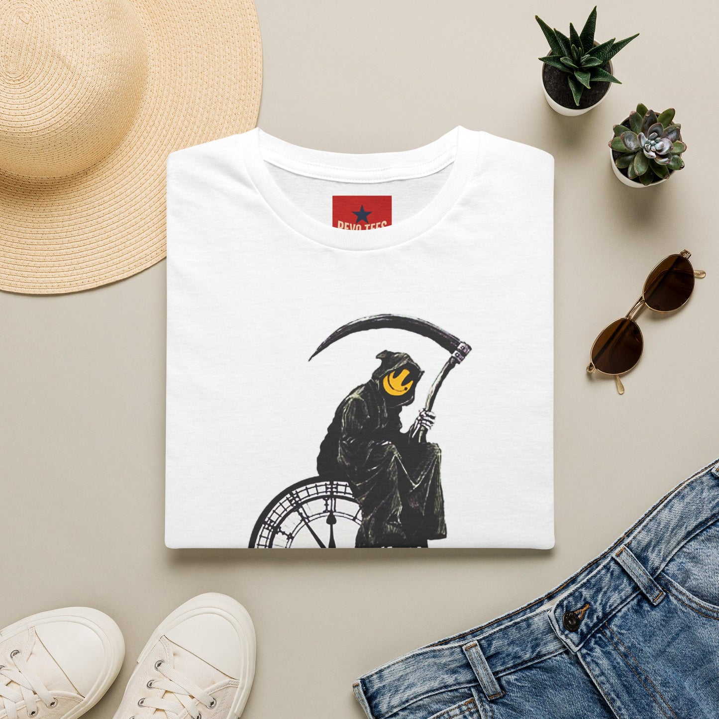 Banksy T‑Shirt — Grim Reaper Clock Graphic Tee (Smiley Mask)