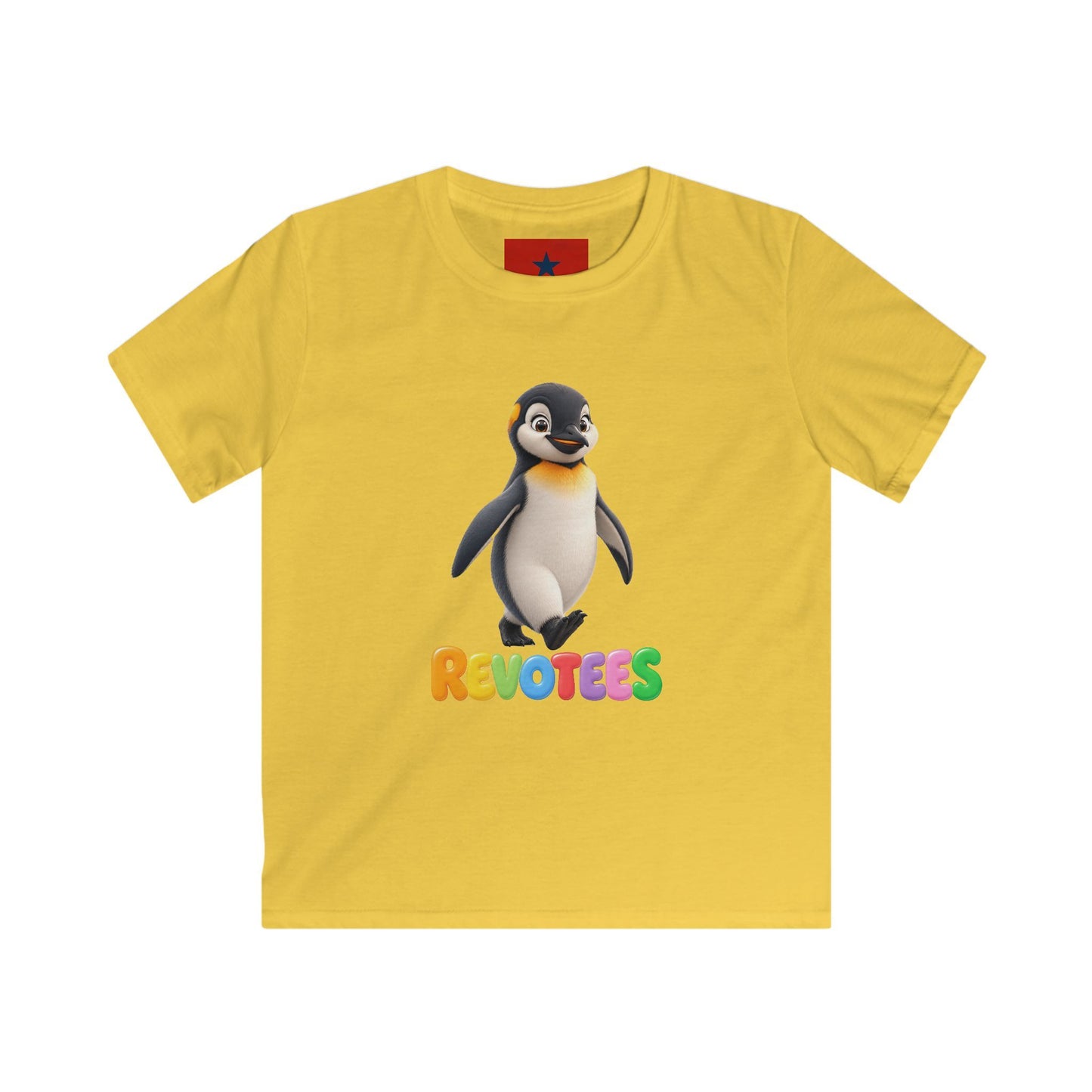 Kids Tee — Cute Pebble Penguin “REVOTEES” Colorful Logo