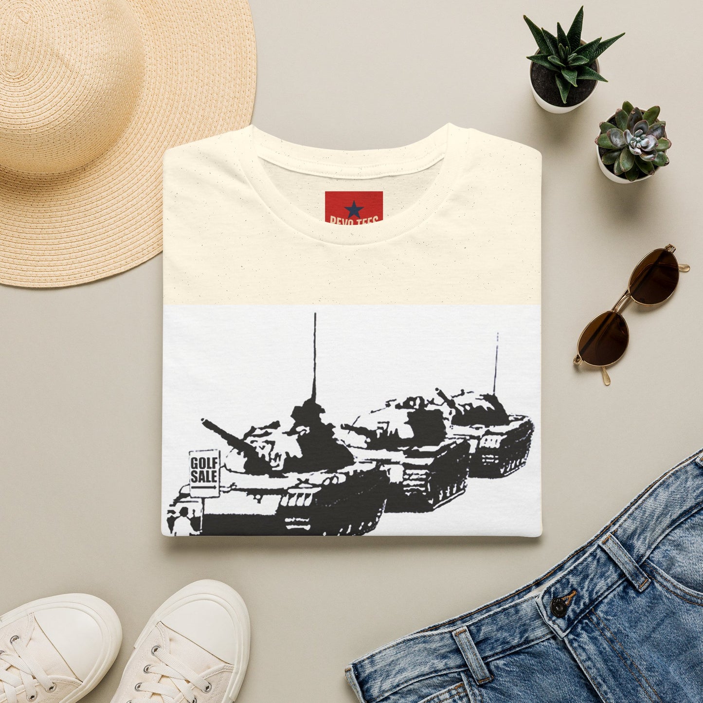 Banksy Tank Lineup Graphic T-Shirt — Stencil Military Tanks Design