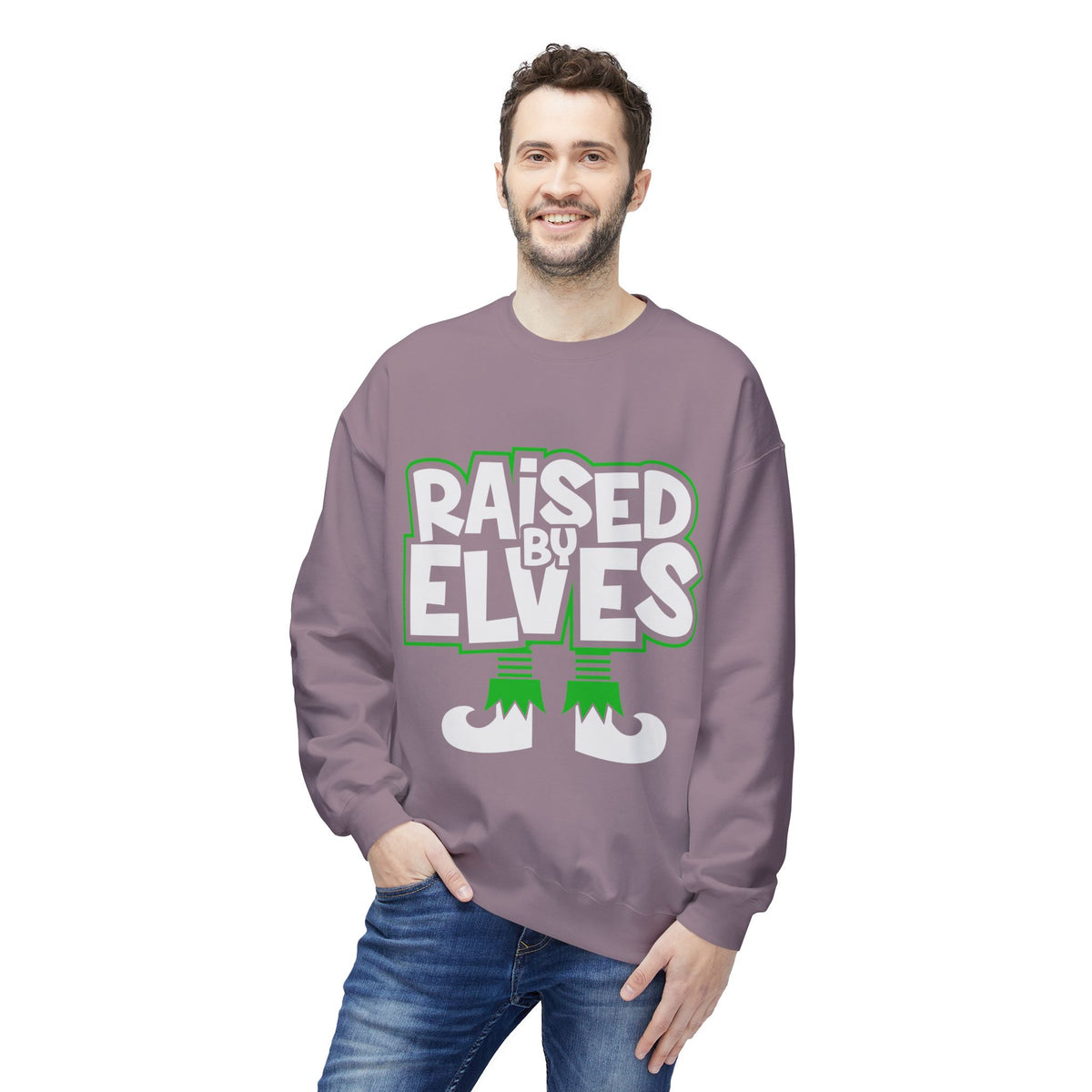 Raised by Elves Sweatshirt – Christmas Funny Holiday Crewneck