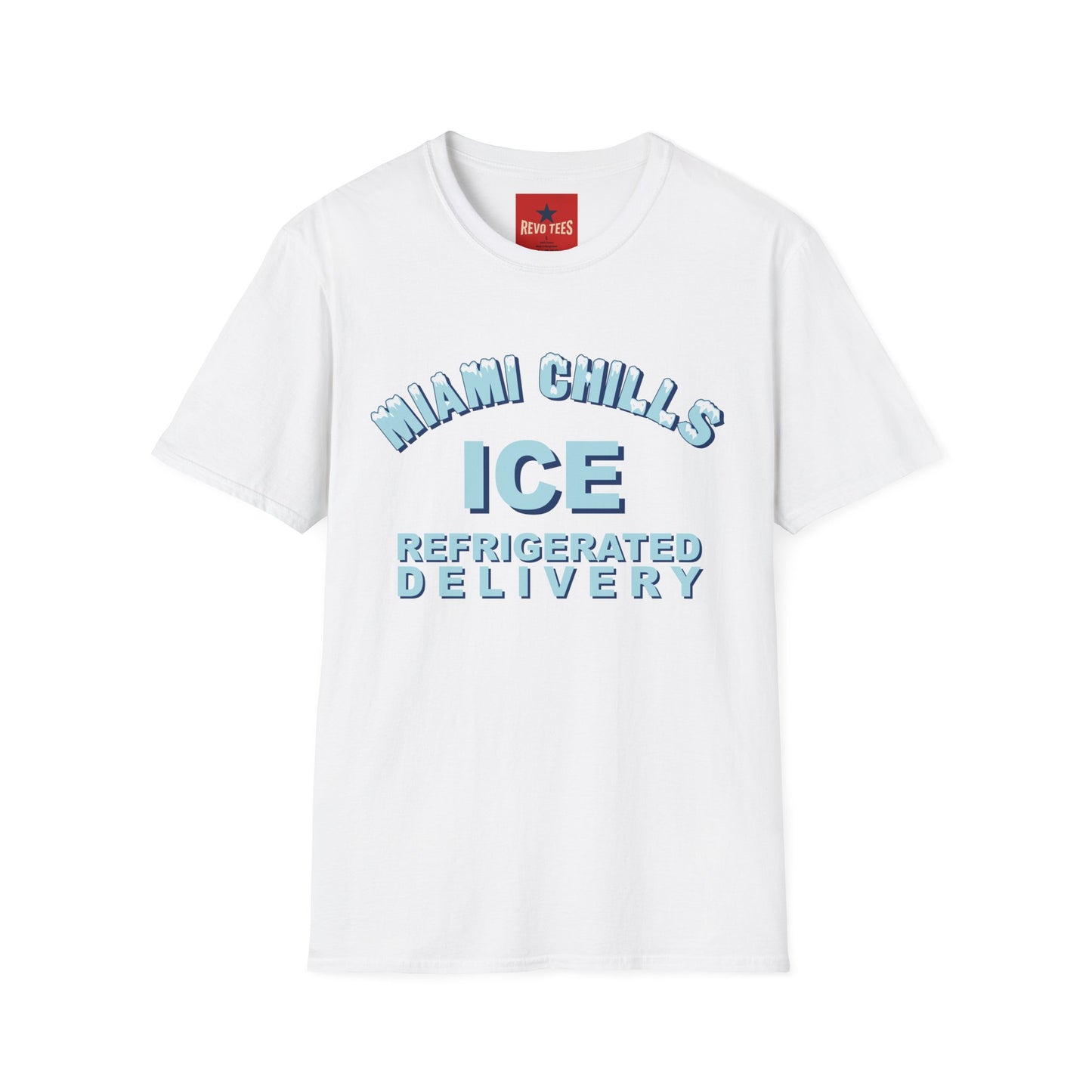 Miami Chills Ice Graphic T-Shirt — Retro Beach Vibes, Refrigerated Delivery Slogan