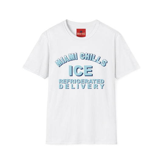 Miami Chills Ice Graphic T-Shirt — Retro Beach Vibes, Refrigerated Delivery Slogan