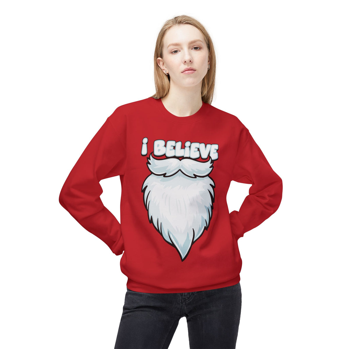 "I Believe" Santa Beard Holiday Crewneck Sweatshirt