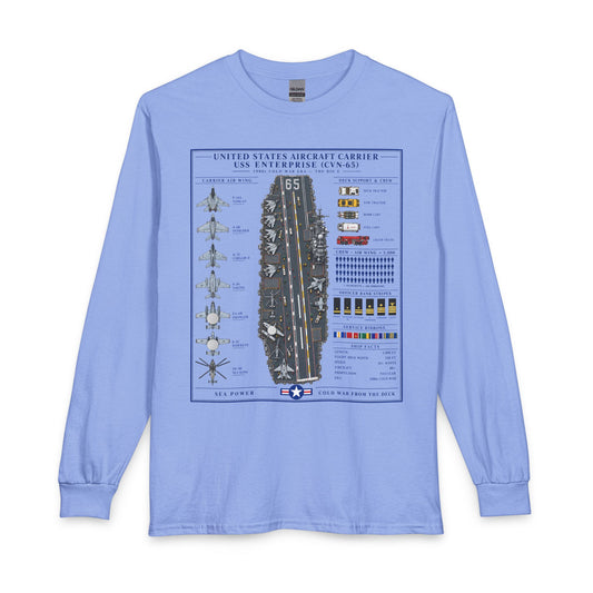 A light blue long-sleeve t-shirt with a detailed graphic print of the United States Aircraft Carrier USS Enterprise (CVN-65) on the front, displayed against a solid white background.