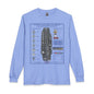 A light blue long-sleeve t-shirt with a detailed graphic print of the United States Aircraft Carrier USS Enterprise (CVN-65) on the front, displayed against a solid white background.