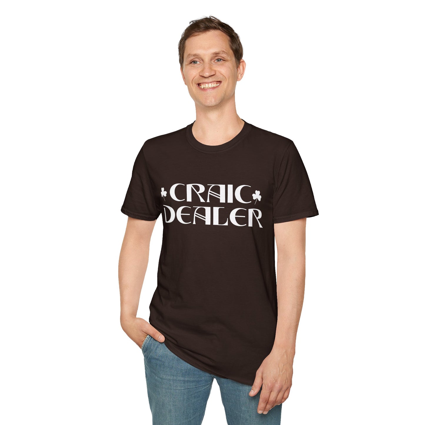 Craic Dealer T-Shirt — Irish Pub Humor Tee with Shamrock Design