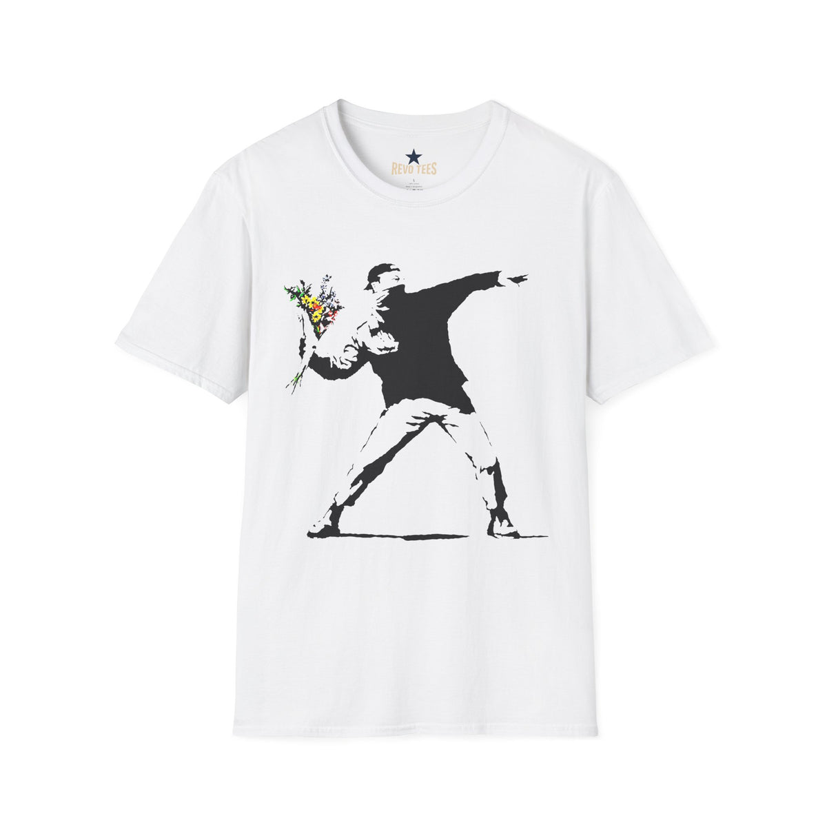 Revotees Banksy Style Flower Bomber Street Art Protest Graphic T-Shirt